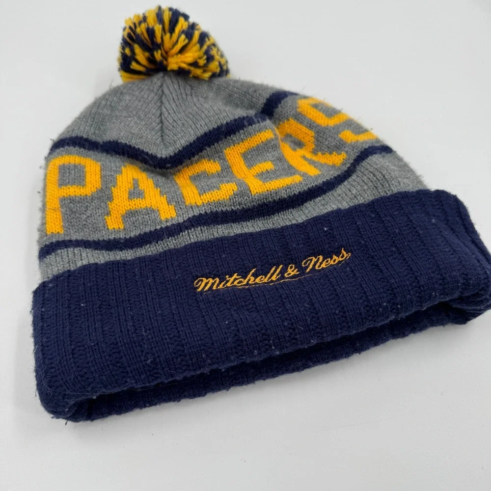 Mitchell Ness NBA Indiana‎ Pacers Knit Beanie Hat Pom Pom Gray Navy Yellow